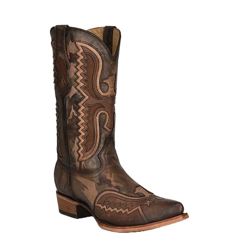Corral Men's Eagle Inly & Embroidered Brown Camo Snip Toe Boots C3986 Fashion Riding Boots