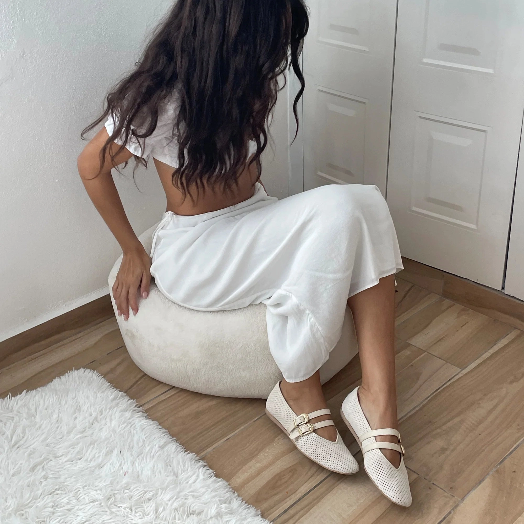 Flat Shoes Korean Style Baylee Perforated Suede Flat in Bone