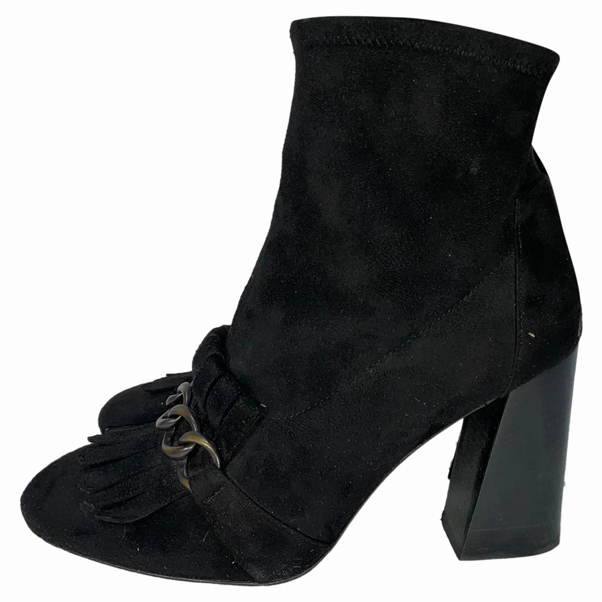 Stuart Weitzman Suede Chain-Link Accents Ankle Boots in Black Suede Ankle Boots Worn With Dresses