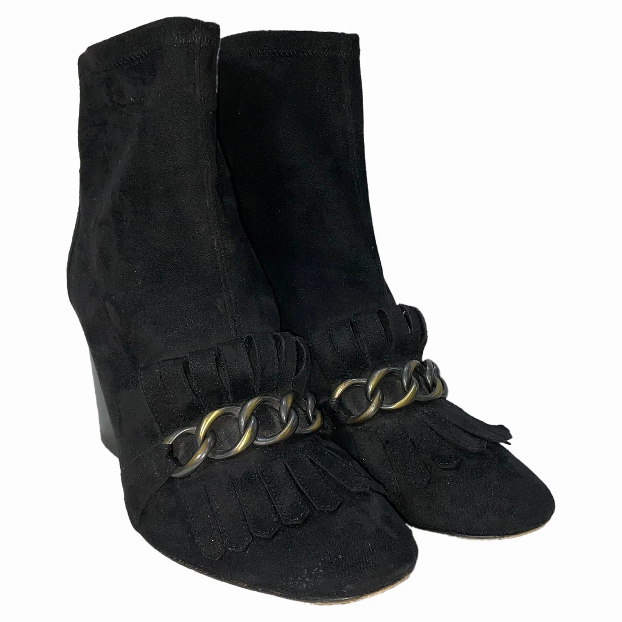 Stuart Weitzman Suede Chain-Link Accents Ankle Boots in Black Suede Gold Heeled Ankle Boots