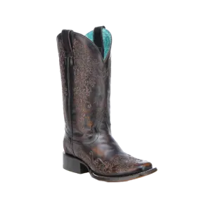 Extra Wide Boots Corral Ladies Floral Square Toe Black & Honey Western Boots A4806