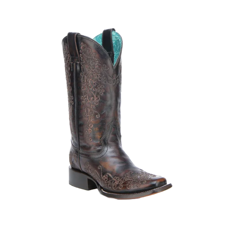 Corral Ladies Floral Square Toe Black & Honey Western Boots A4806 Cowgirl Boots