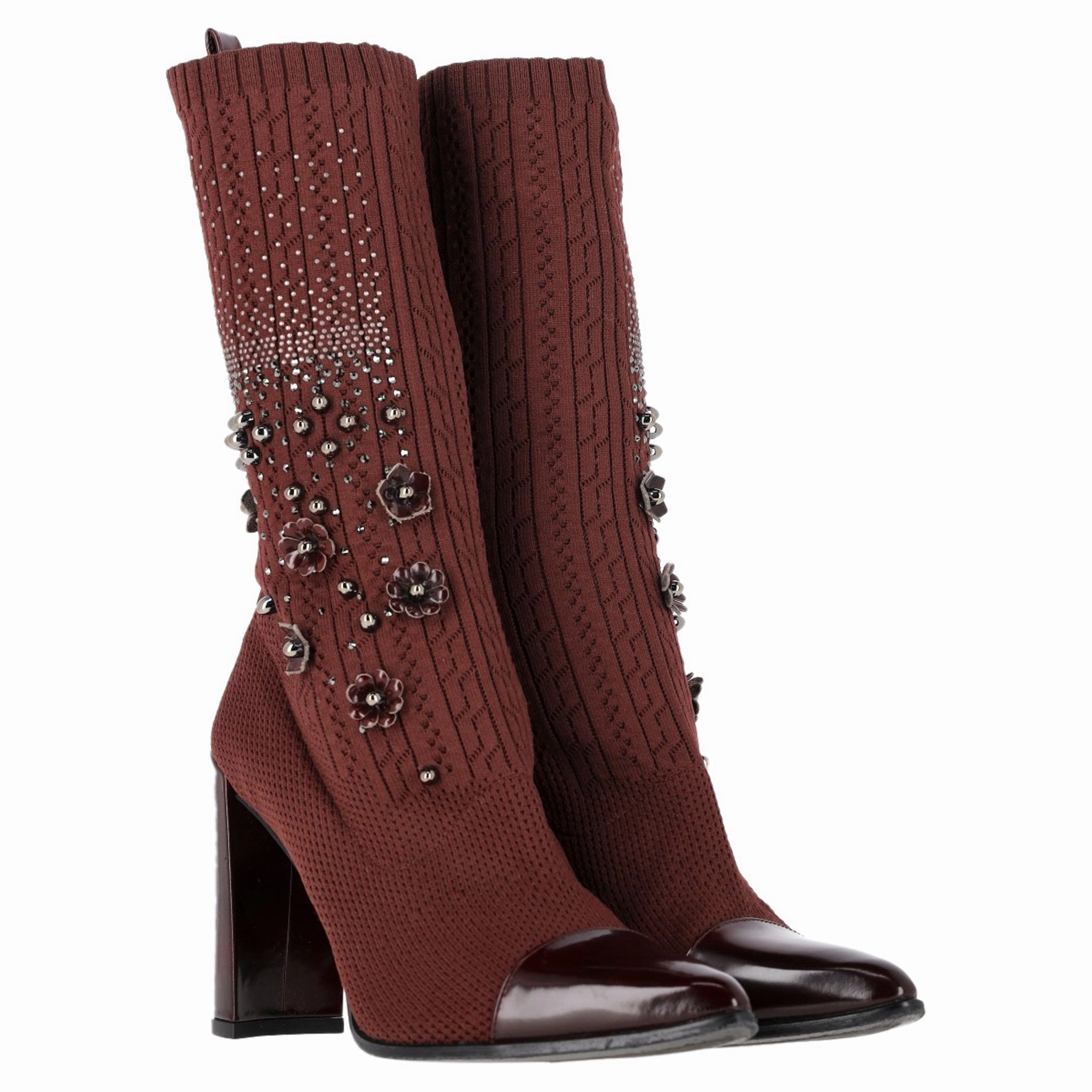 Stuart Weitzman Embellished Knitted Sock Ankle Boots in Brown Wool Ankle Boots Heels Lace Up