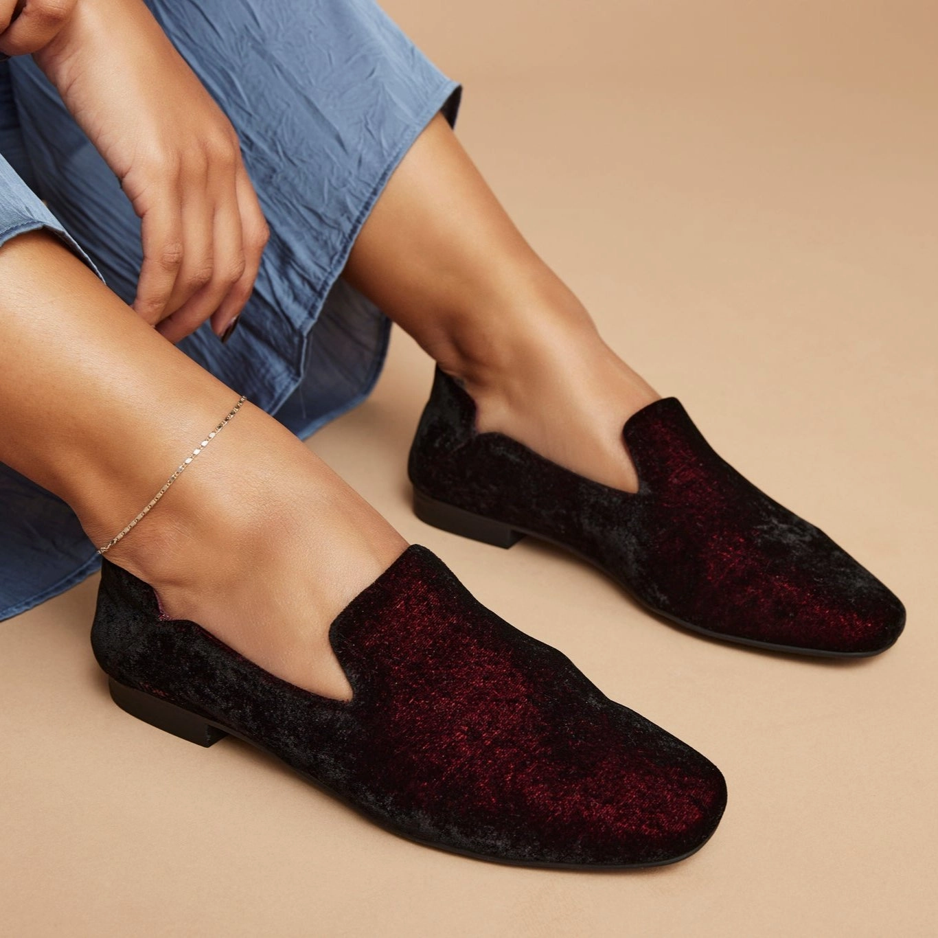 Lara Deep Burgundy Jewel Velvet Flat Leather Loafers Women