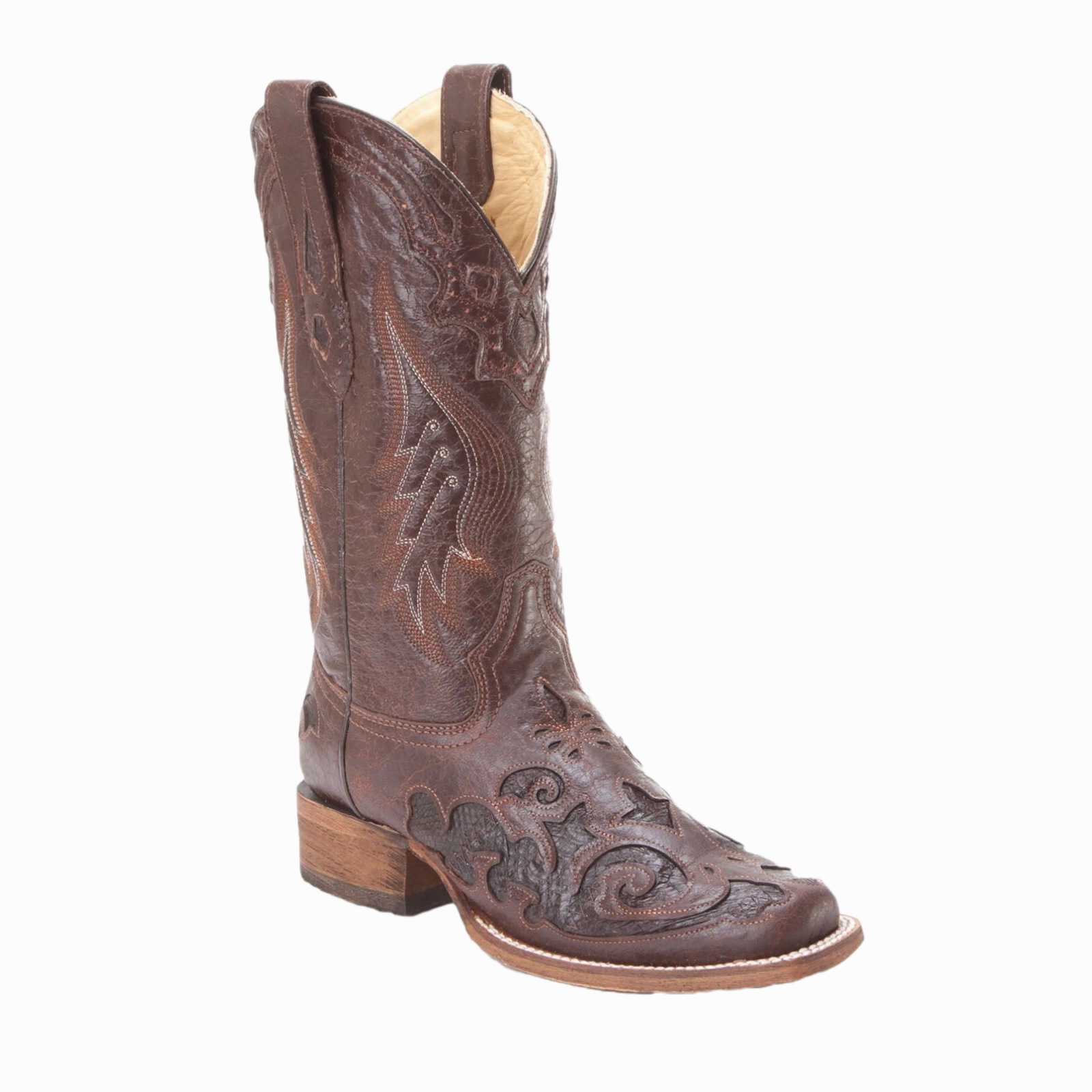 Cute Winter Ankel Boots Corral Ladies Chocolate Snake Inlay Brown Square Toe Boots A2404