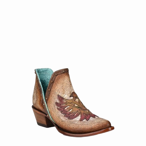 Distressed Cowboy Boots Corral Ladies Bird Overlay and Studded Brown J Toe Bootie Z2006