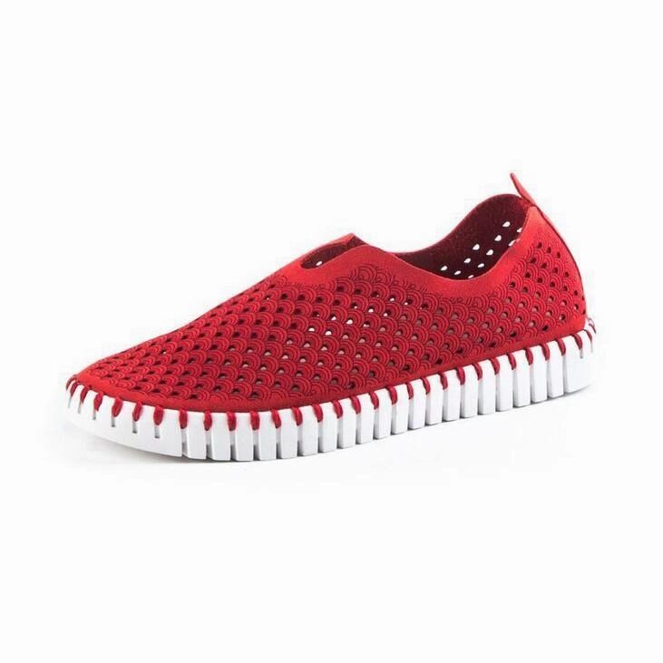 Ilse Jacobsen Women's Tulip 139 Deep Red Perforated Black Canvas Slip On Sneakers