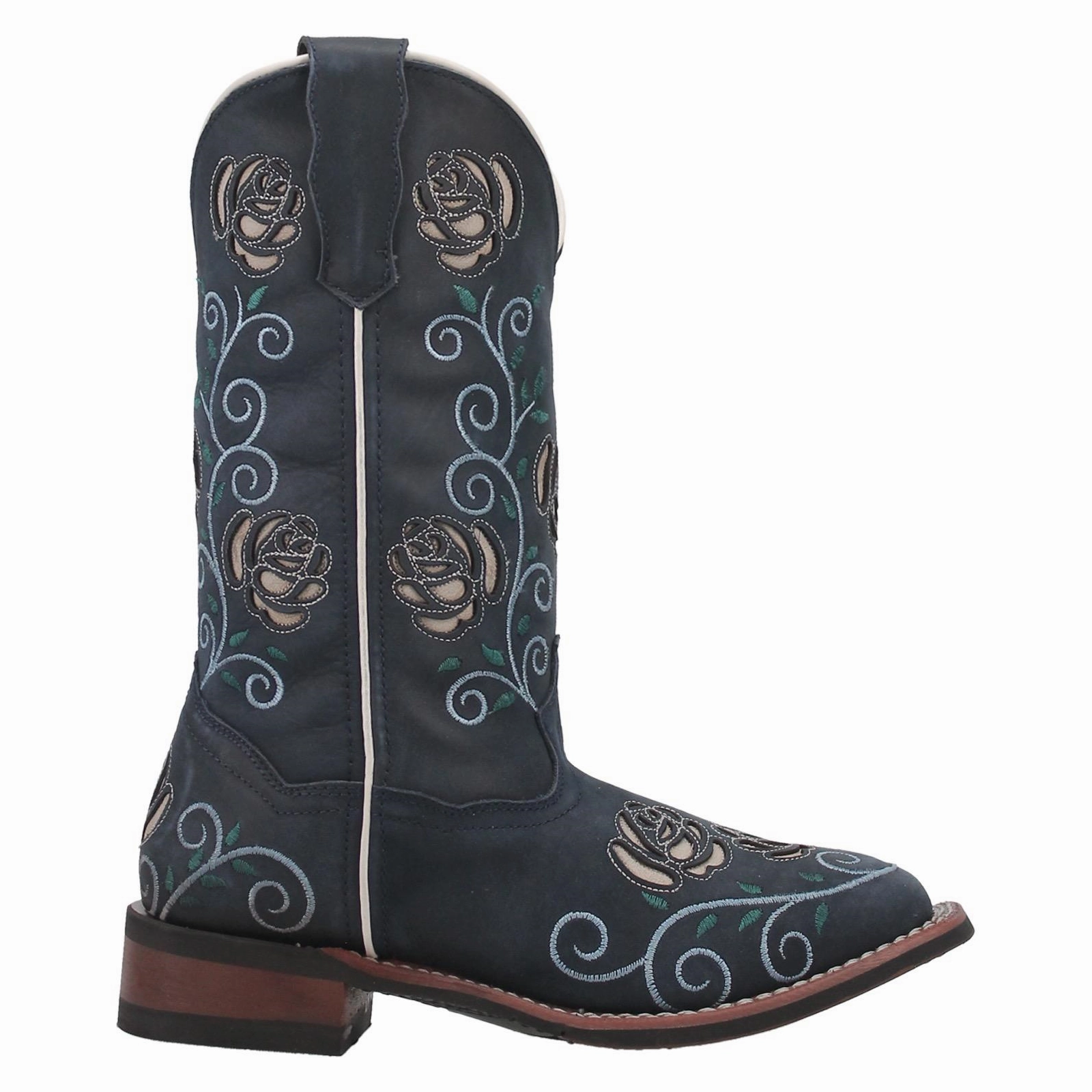 Laredo Ladies Navy Willow Floral Square Toe Pull On Western Boots 5885 Wide Shaft Riding Boots