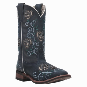 Laredo Ladies Navy Willow Floral Square Toe Pull On Western Boots 5885 Work Boots Clearance