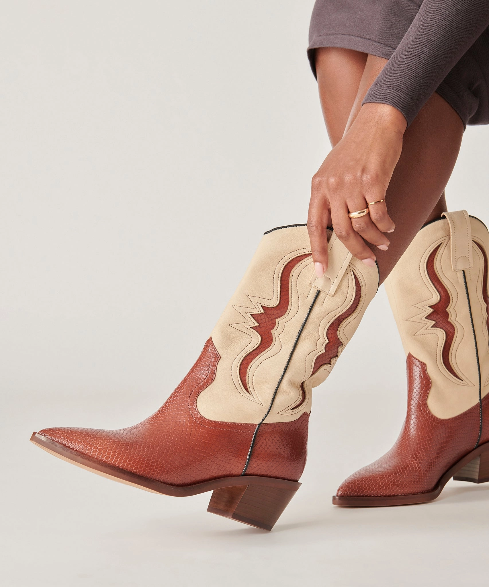 Rain Boots With Heels SUZZY BOOTS BROWN EMBOSSED LEATHER - re:vita