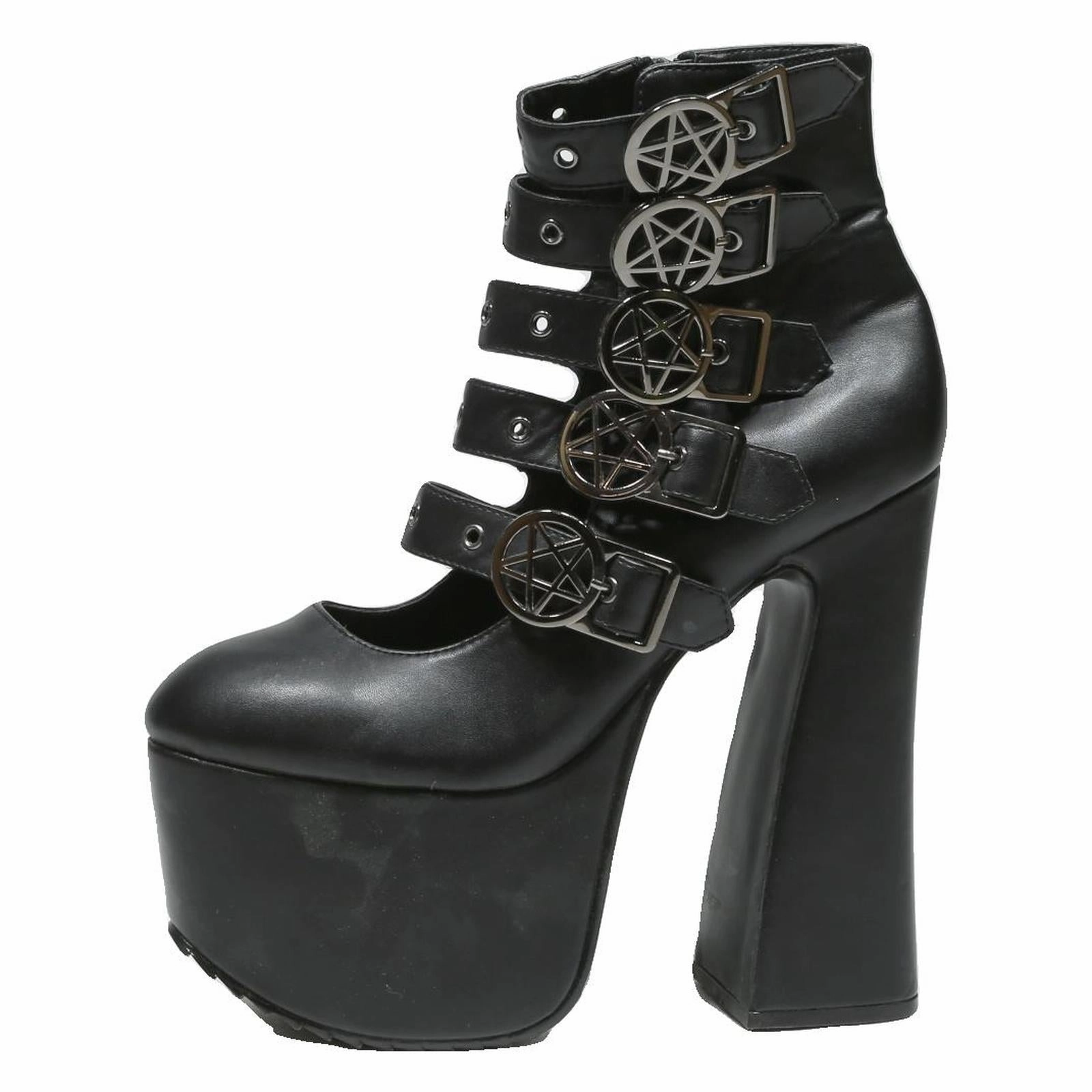 Leather Sock Boots KILLSTAR Pentagram Buckle Womens Platform Block Heel Boots Leather UK 7 Gothic