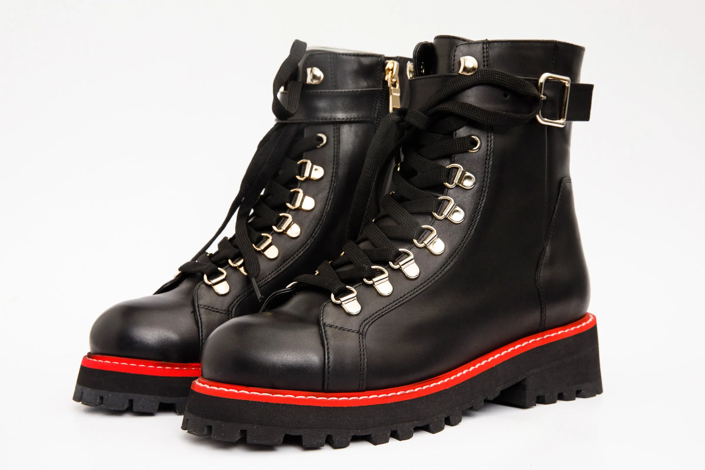 Fuzzy Winter Boots The Belgrano Black Leather Lace-Up Ankle Women Boot With a Side Zipper