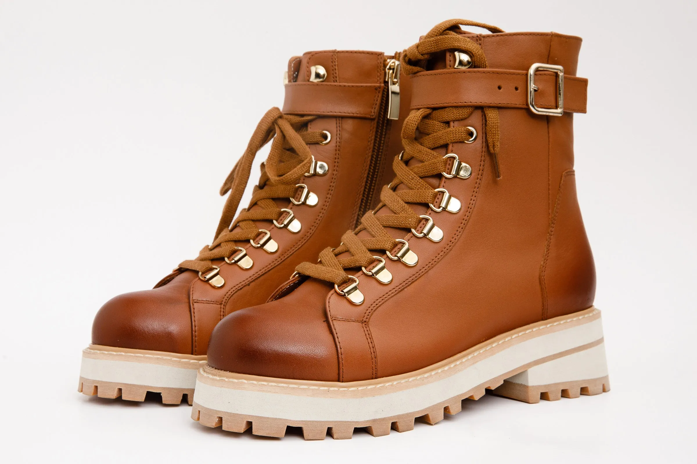 The Belgrano Tan Leather Lace-Up Ankle Women Boot With a Side Zipper Patent Leather Knee Boots