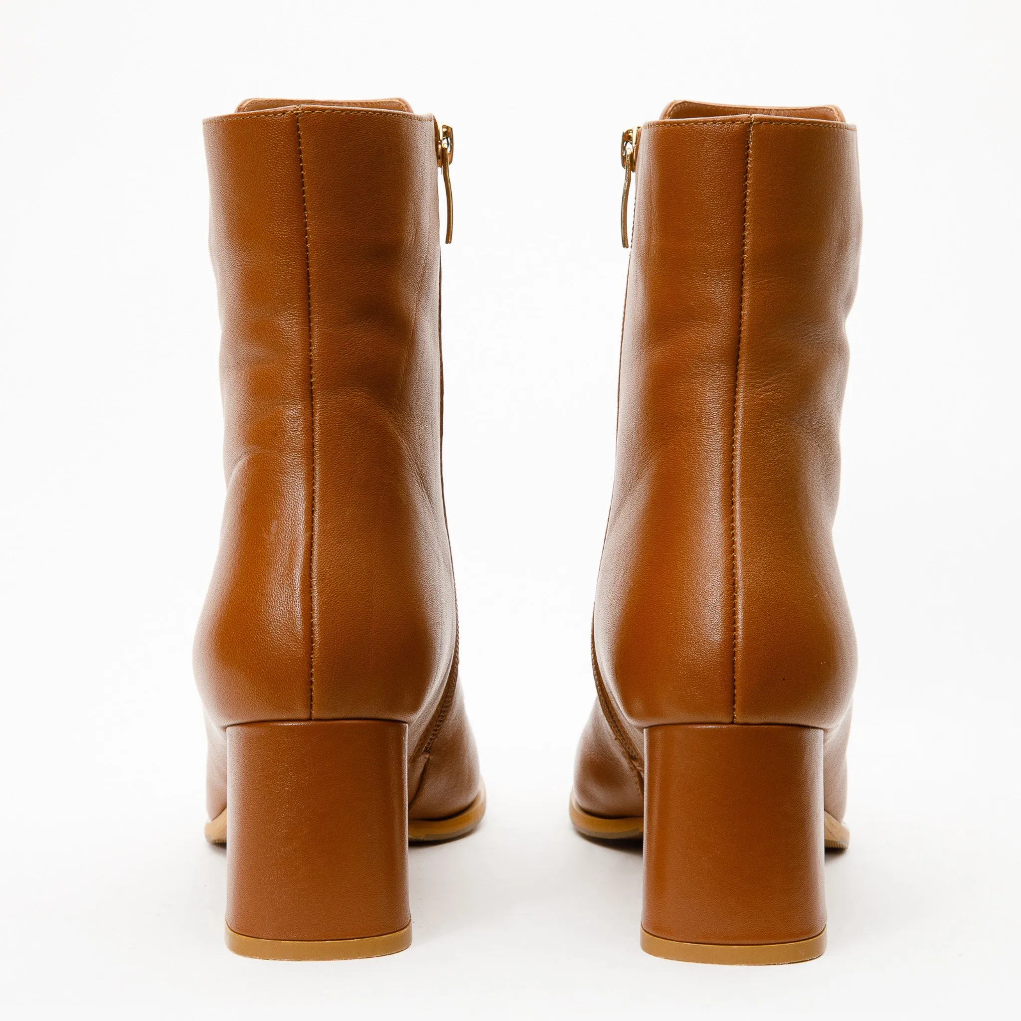 The Bukres Tan Leather Block Heel Mid Calf Women Boot Women Boots