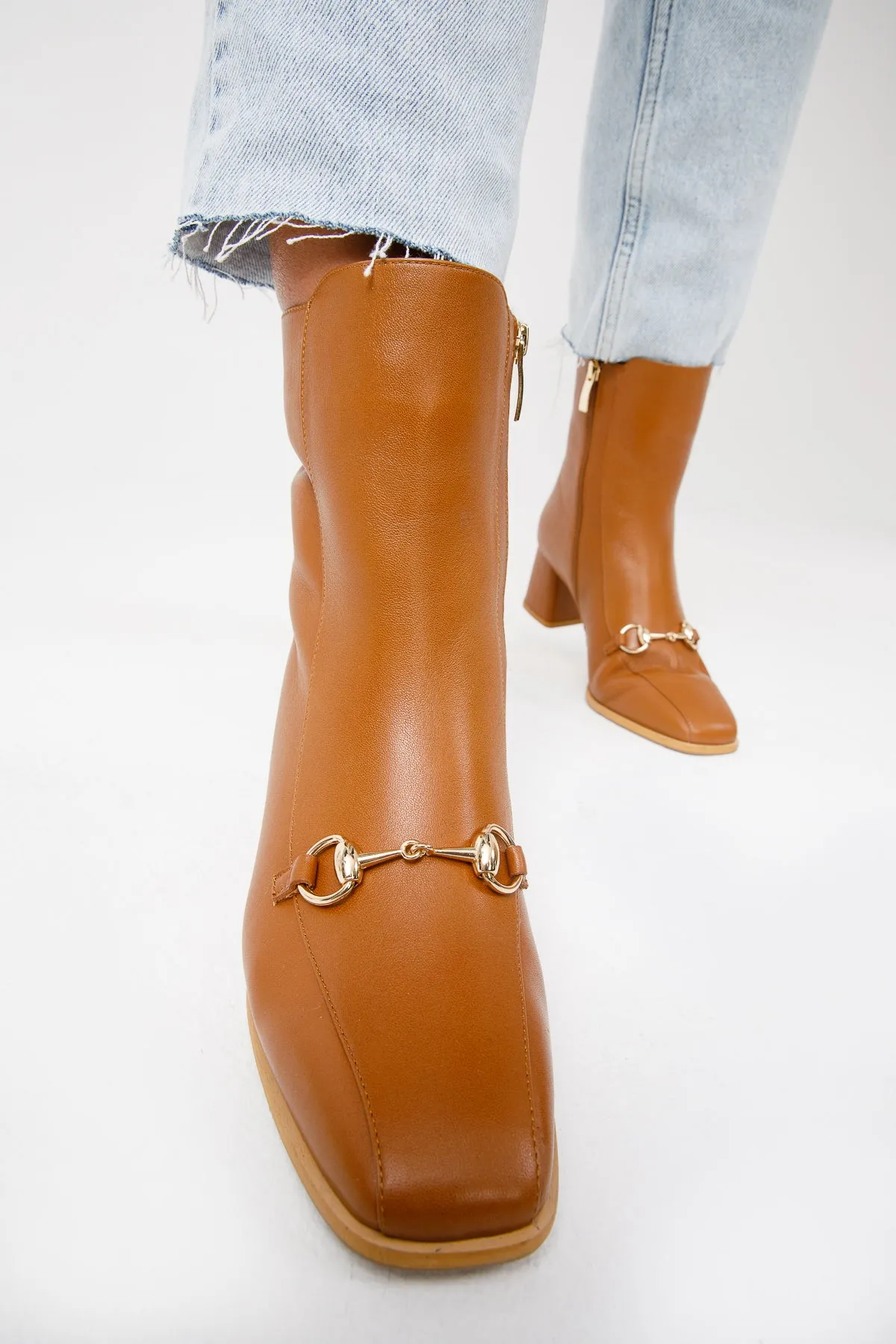 The Bukres Tan Leather Block Heel Mid Calf Women Boot Wide Shaft Cowboy Boots