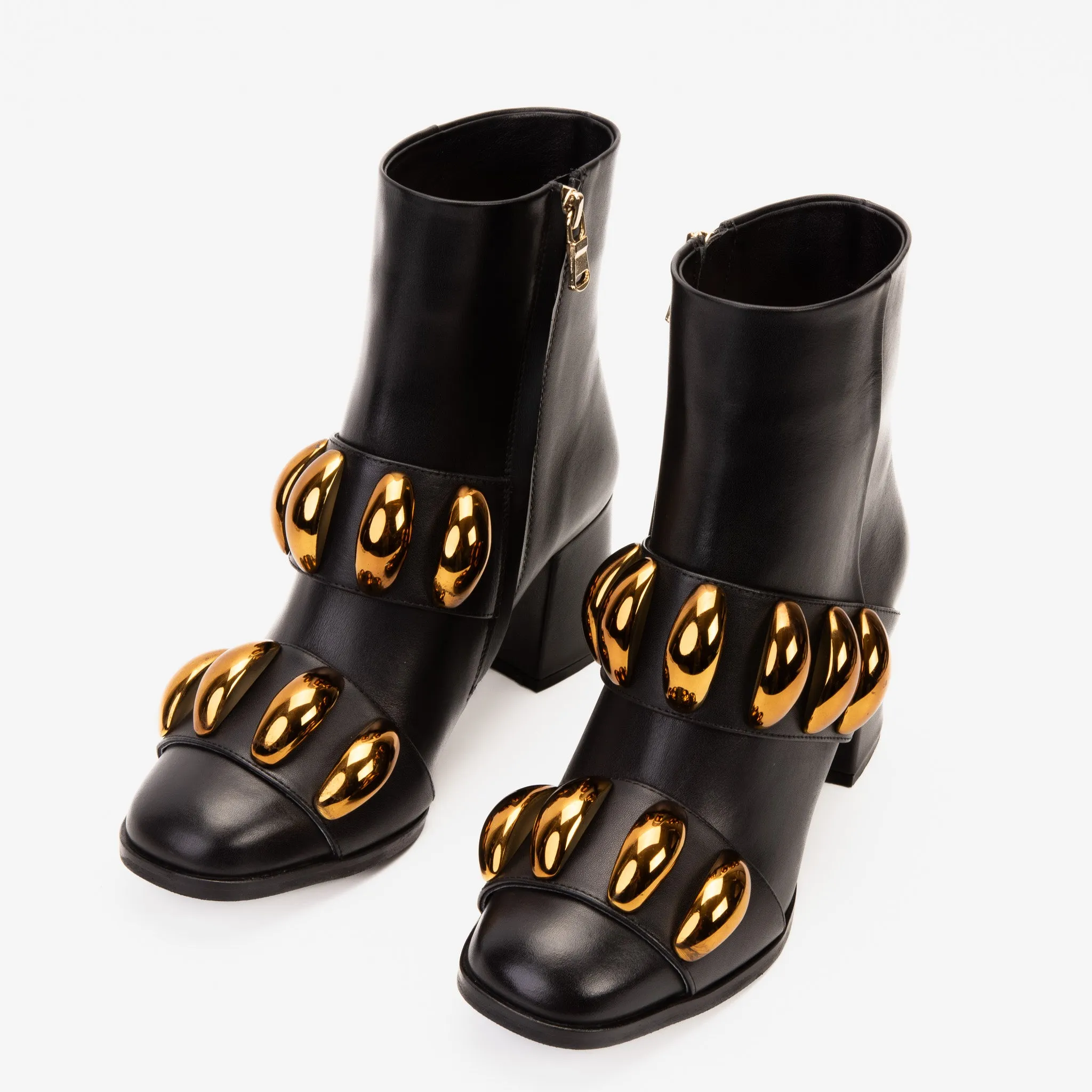 The Eclipse Black & Gold Leather Block Heel Women Boot Anderson Bean Ostrich Boots