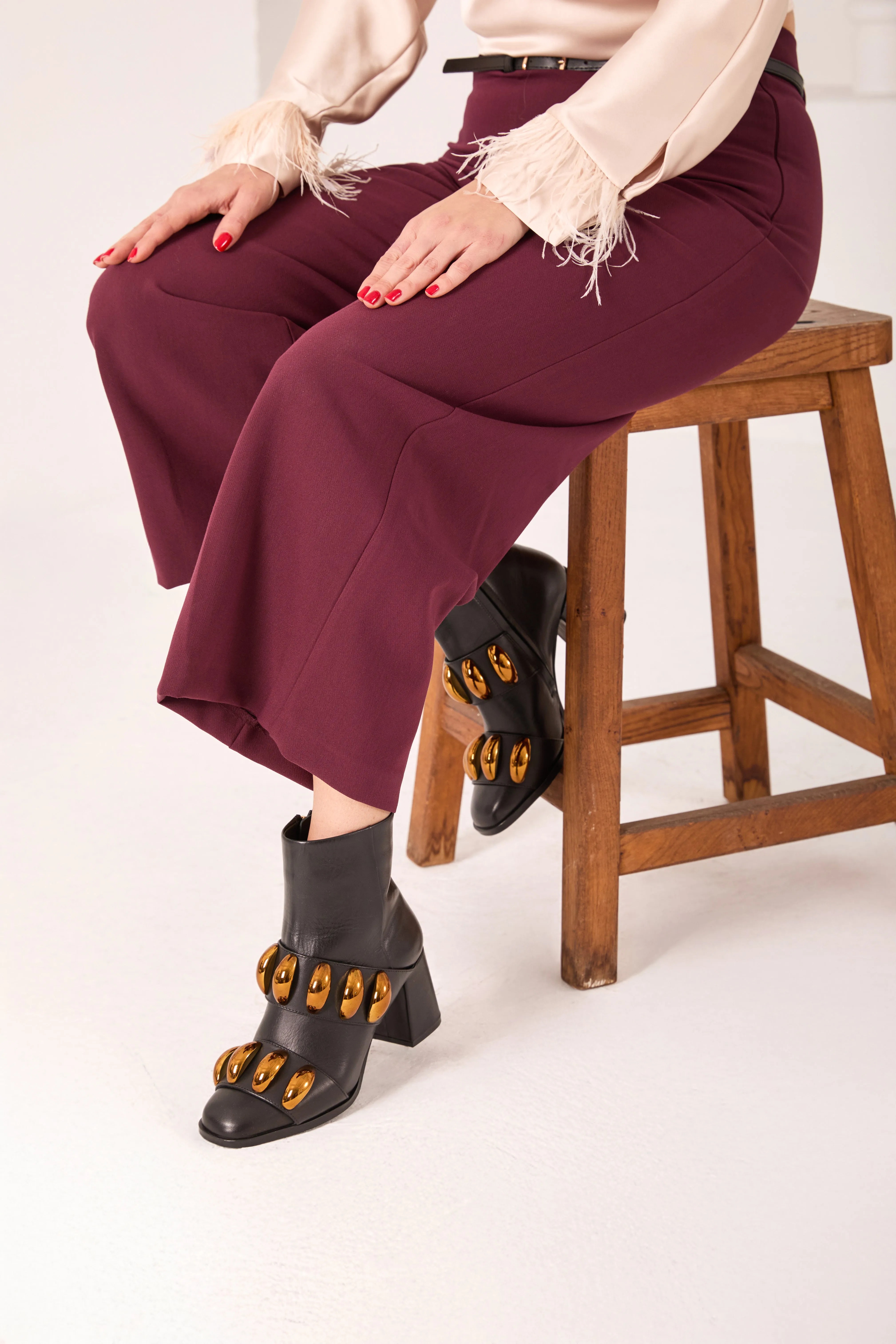 The Eclipse Black & Gold Leather Block Heel Women Boot Outdoor Boots