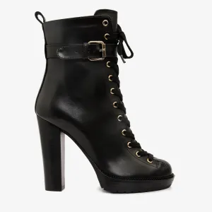 The Estrada Black Leather Lace-Up Platform Heel Mid Calf Women Boot Square Toe Knee High Boots