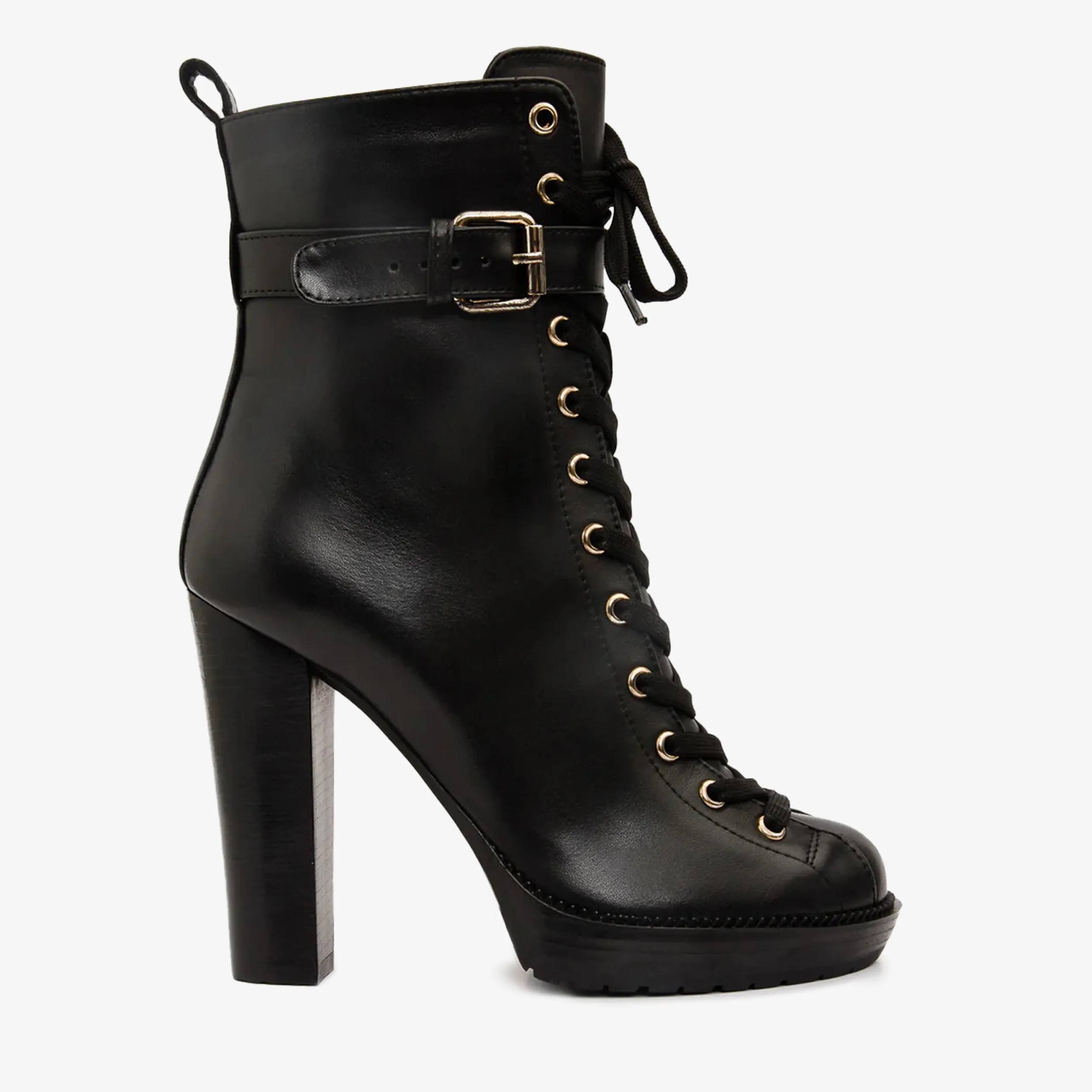 The Estrada Black Leather Lace-Up Platform Heel Mid Calf Women Boot Mid Calf Western Boots