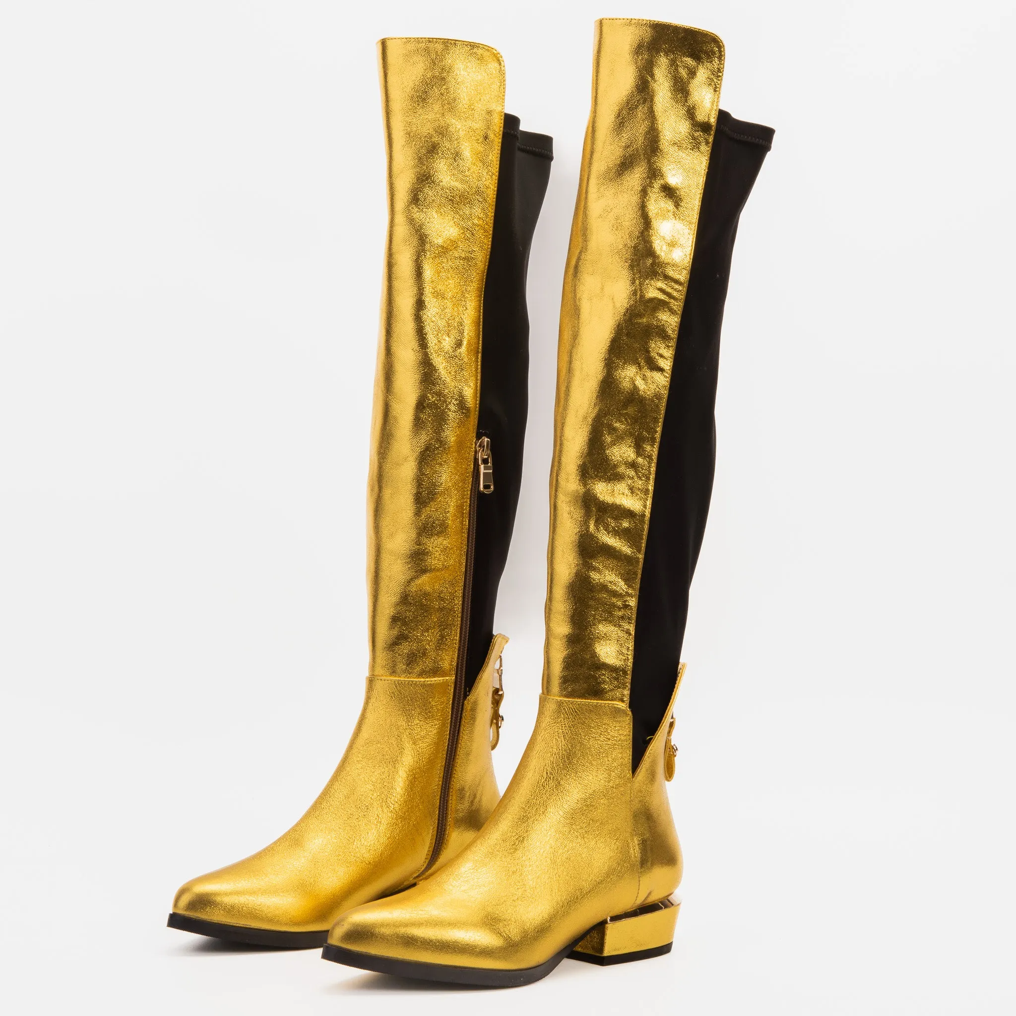 The Fairoks Gold Leather Pointy Toe Knee High Women Boot Block Boots