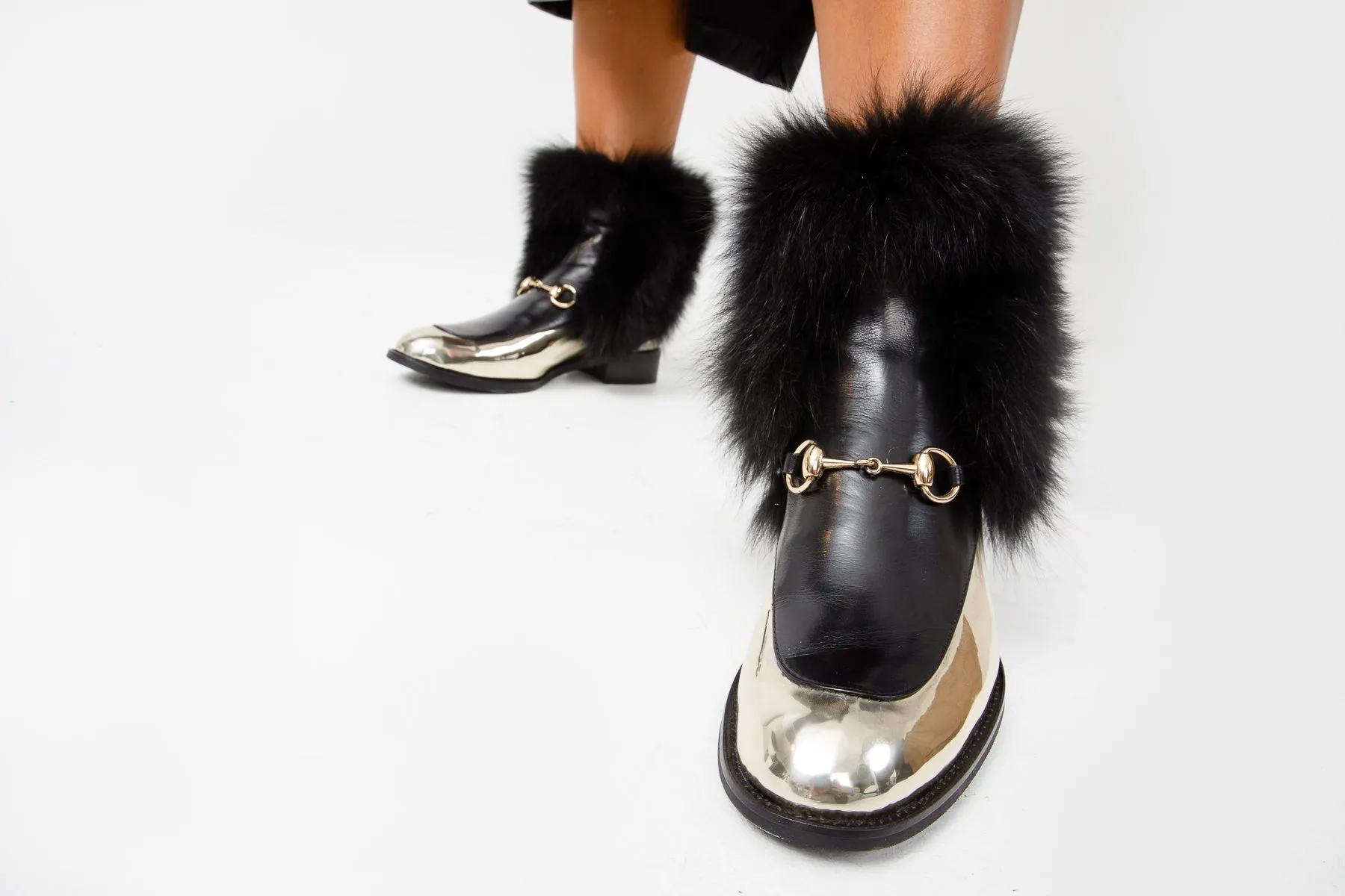 Dirt Bike Boots The Izmir Black & Gold Leather Natural Fox Fur Mid Calf Women Boot