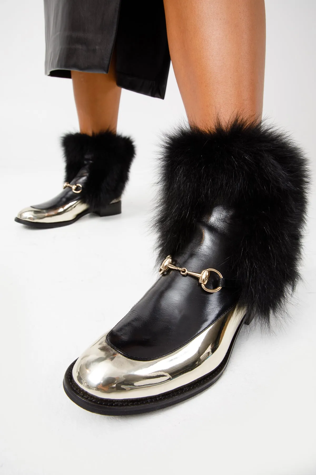 The Izmir Black & Gold Leather Natural Fox Fur Mid Calf Women Boot Ankle Boots With Skirts
