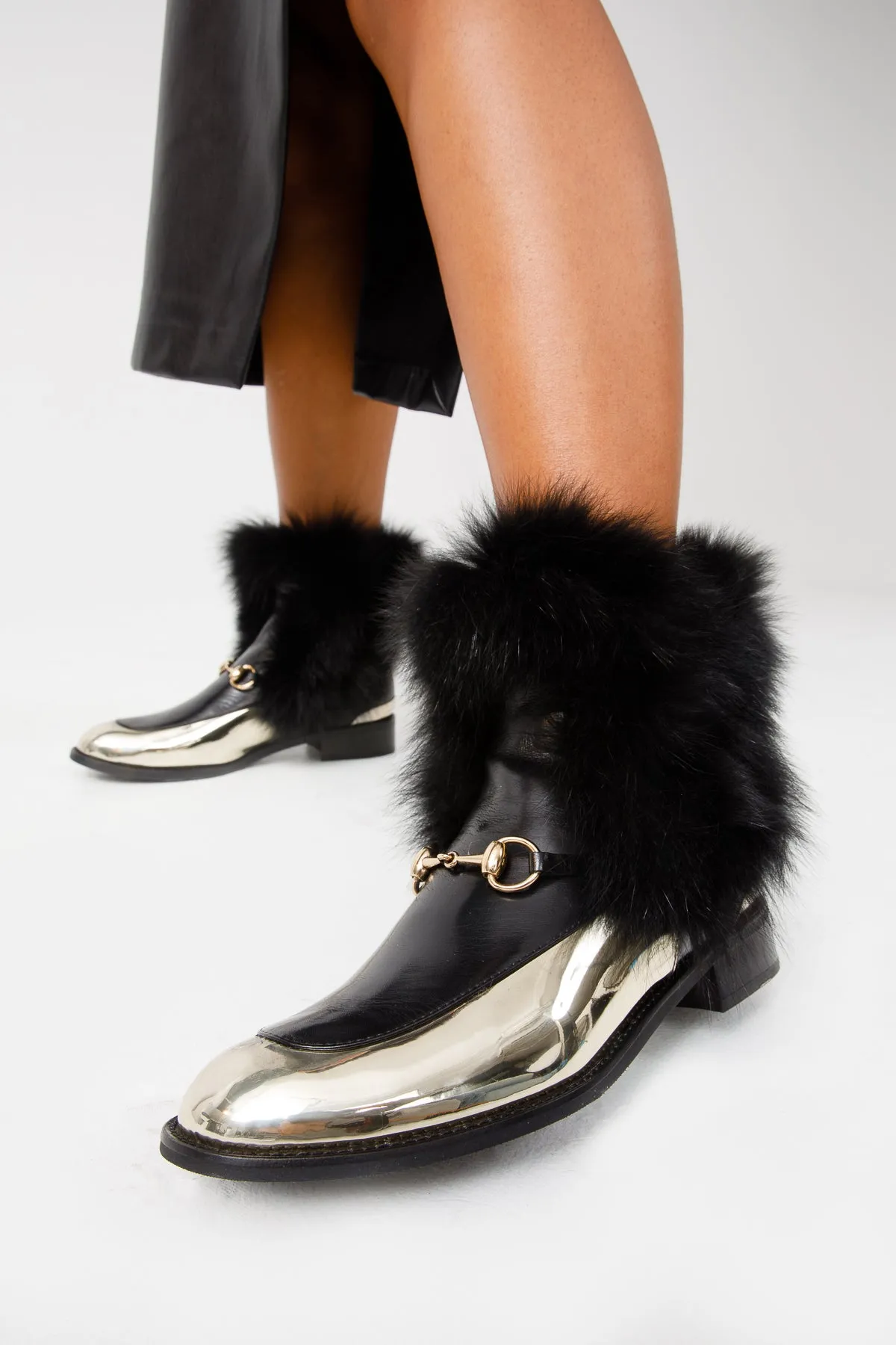 Doc Marten Dress Boots The Izmir Black & Gold Leather Natural Fox Fur Mid Calf Women Boot