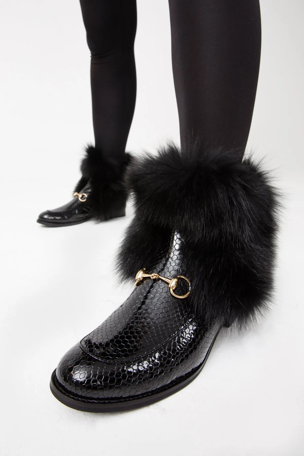 The Izmir Black Patent Leather Natural Fur Mid Calf Women  Boot Boots Of Cr7
