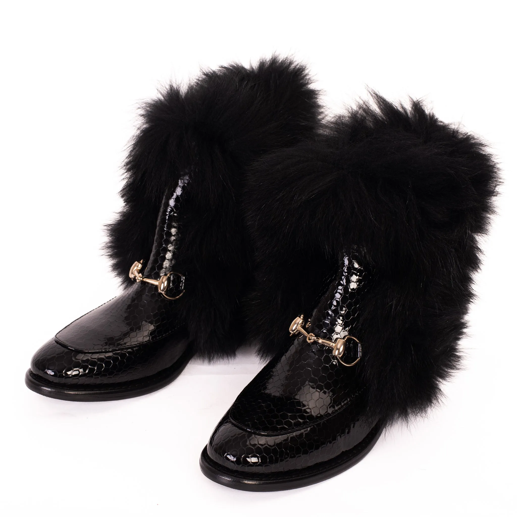 The Izmir Black Patent Leather Natural Fur Mid Calf Women  Boot Cowboy Boots Business Casual