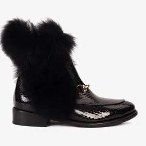 The Izmir Black Patent Leather Natural Fur Mid Calf Women  Boot Leather Biking Boots