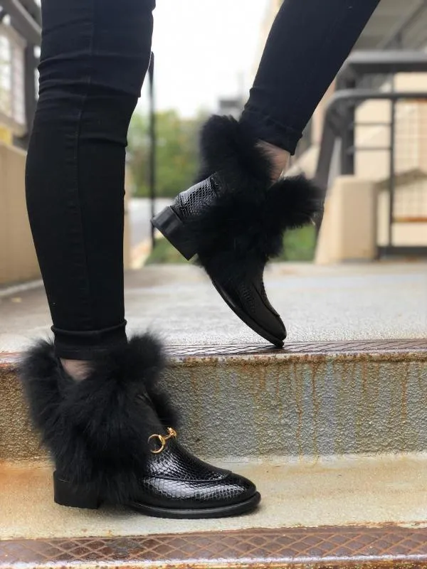The Izmir Black Patent Leather Natural Fur Mid Calf Women  Boot Work Boots With Composite Safety Toe