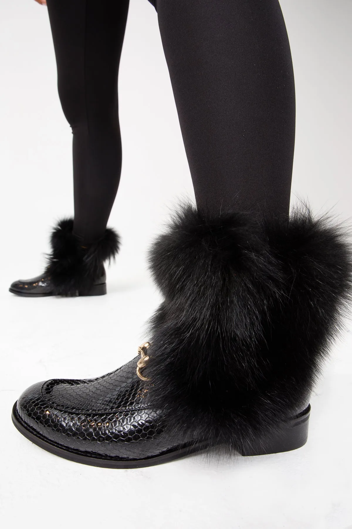 The Izmir Black Patent Leather Natural Fur Mid Calf Women  Boot Cinch Boots