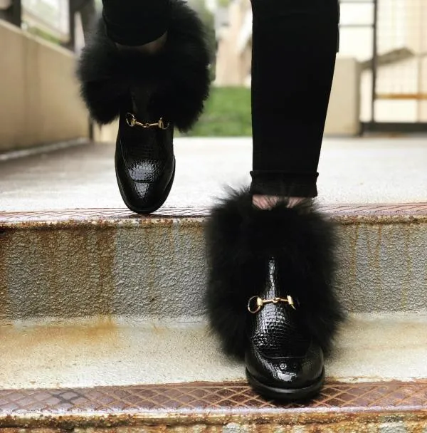 Firefighting Boots The Izmir Black Patent Leather Natural Fur Mid Calf Women  Boot