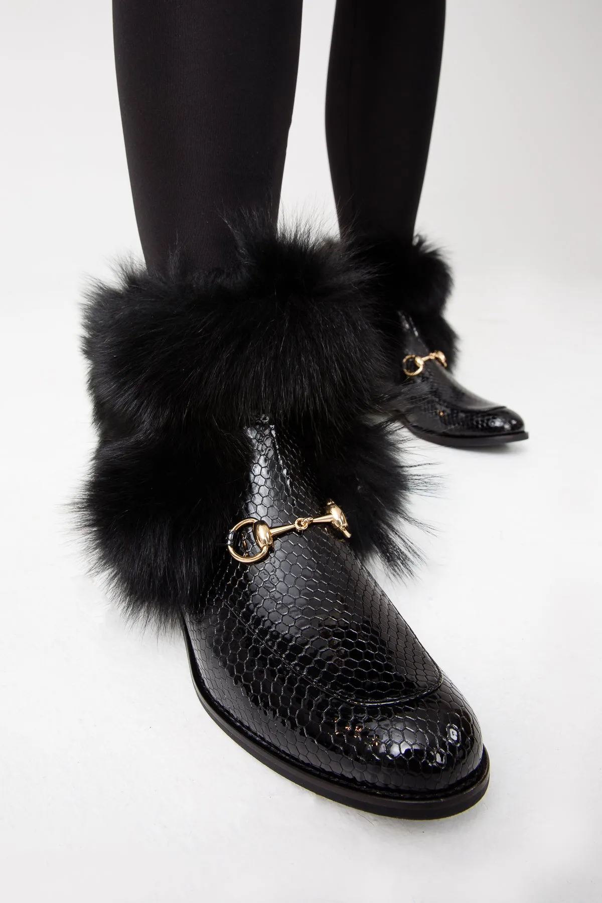 The Izmir Black Patent Leather Natural Fur Mid Calf Women  Boot Low Heel Knee High Boots