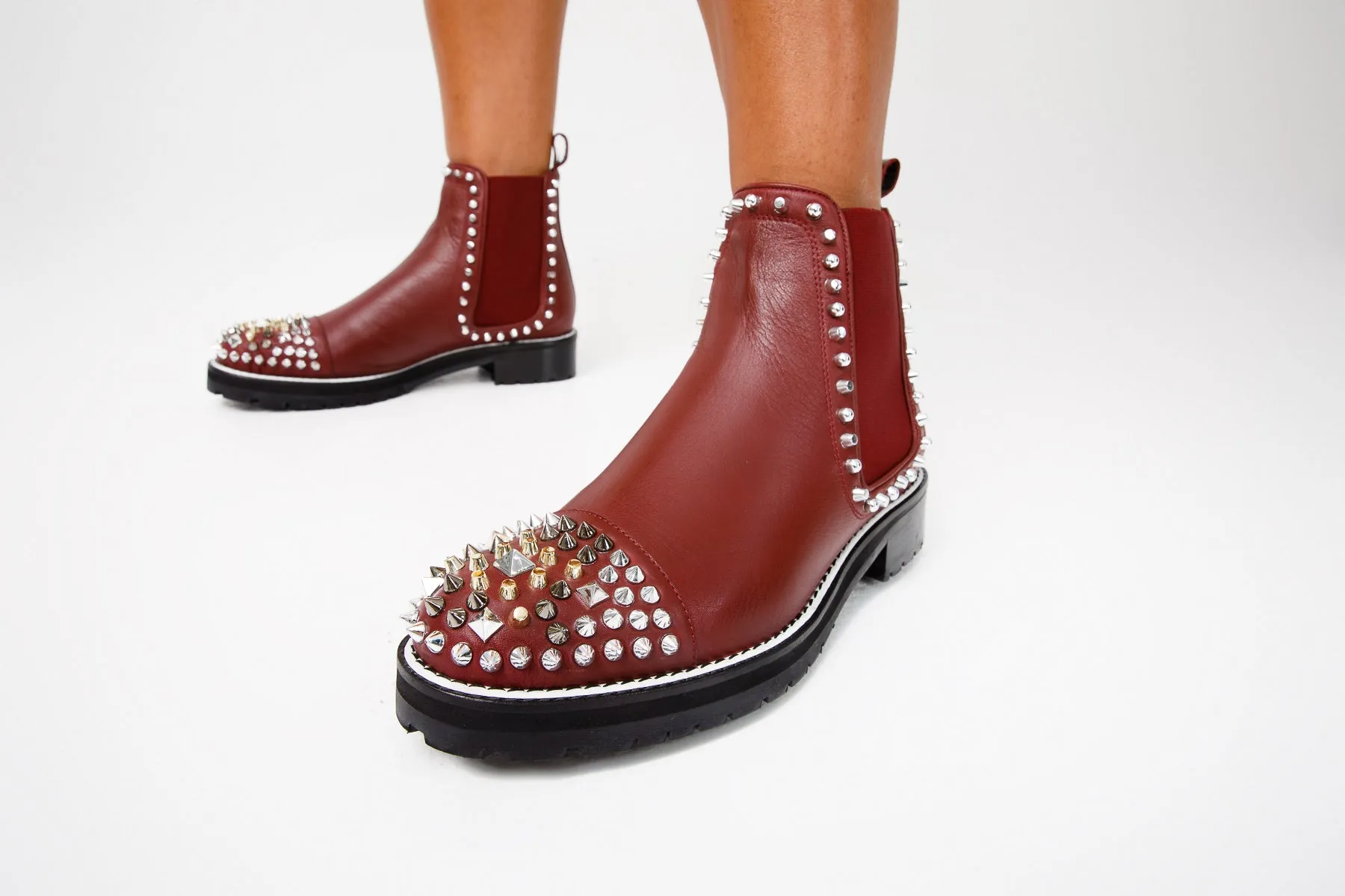 Low Cut Cowgirl Boots The Vuvulane Burgundy Spike Leather Ankle Women  Boot