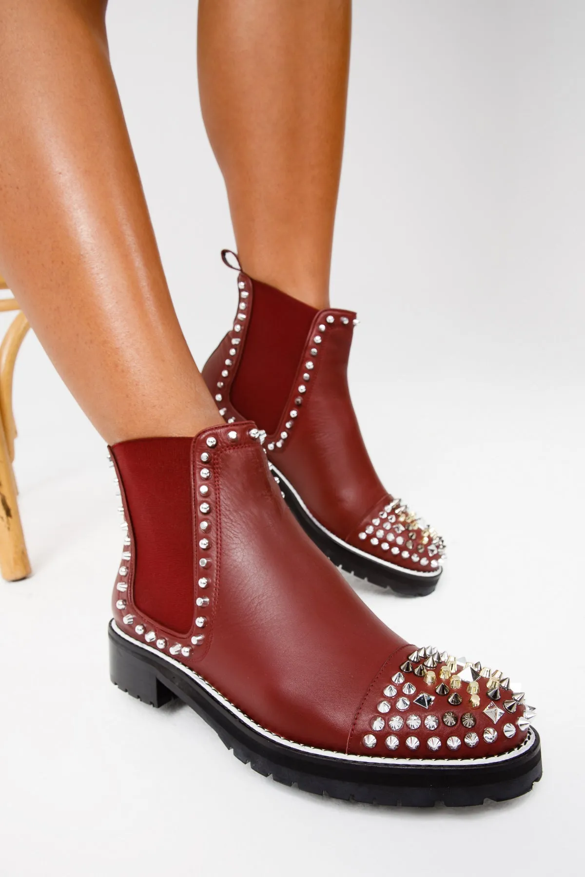 Quilted Boots The Vuvulane Burgundy Spike Leather Ankle Women  Boot