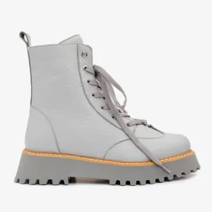 Alpine Touring Boots The Yildiz Grey Leather Lace-Up Ankle Women Boot With a Side Zipper