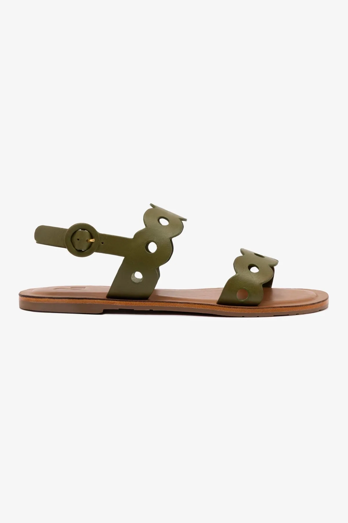 Florence Flat Sandal In Seaweed Leather Sturdy Flat Shoes