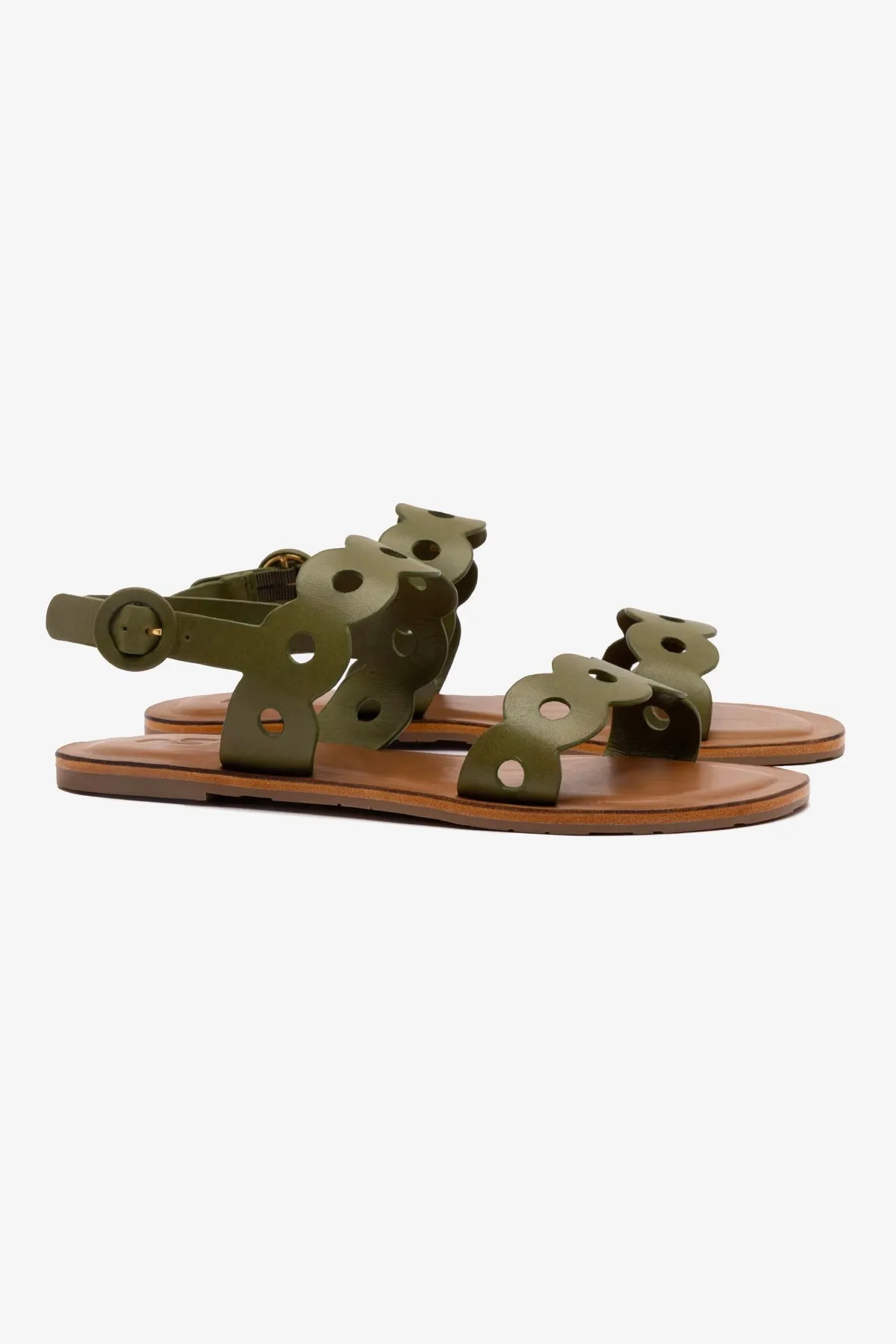 Florence Flat Sandal In Seaweed Leather 60s Flat Shoes