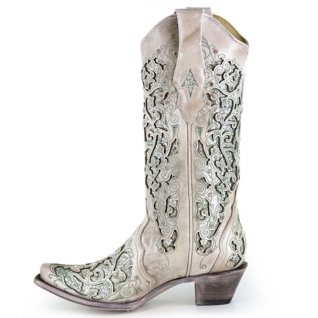 Corral Ladies Martina Green White Glitter Crystals Wedding Boots A3321 Gumleaf Boots