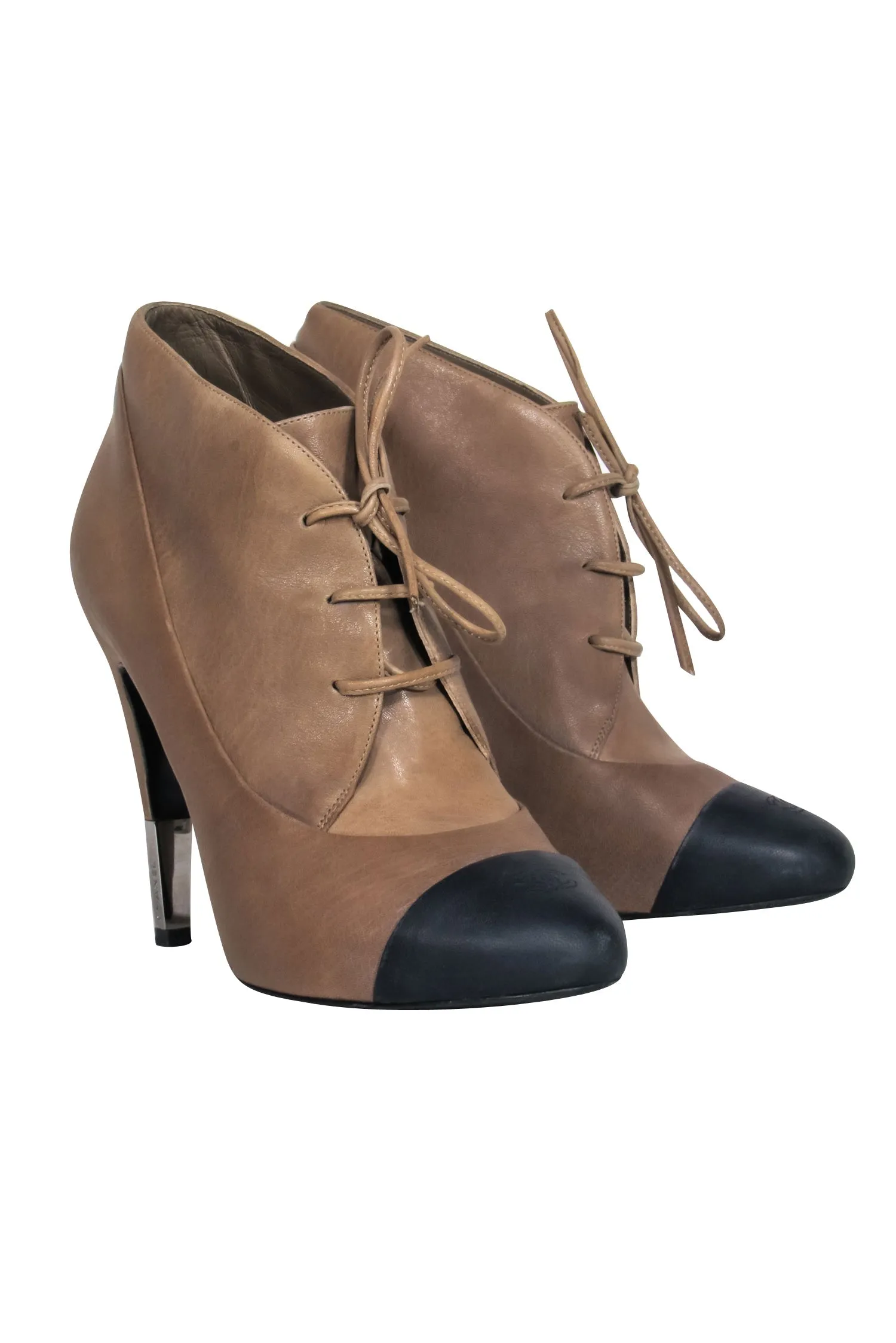 Western Boots With Slacks Top Quality Chanel  Beige Leather Stiletto w/ Navy Blue Cap Toe Lace Up Booties Sz 7