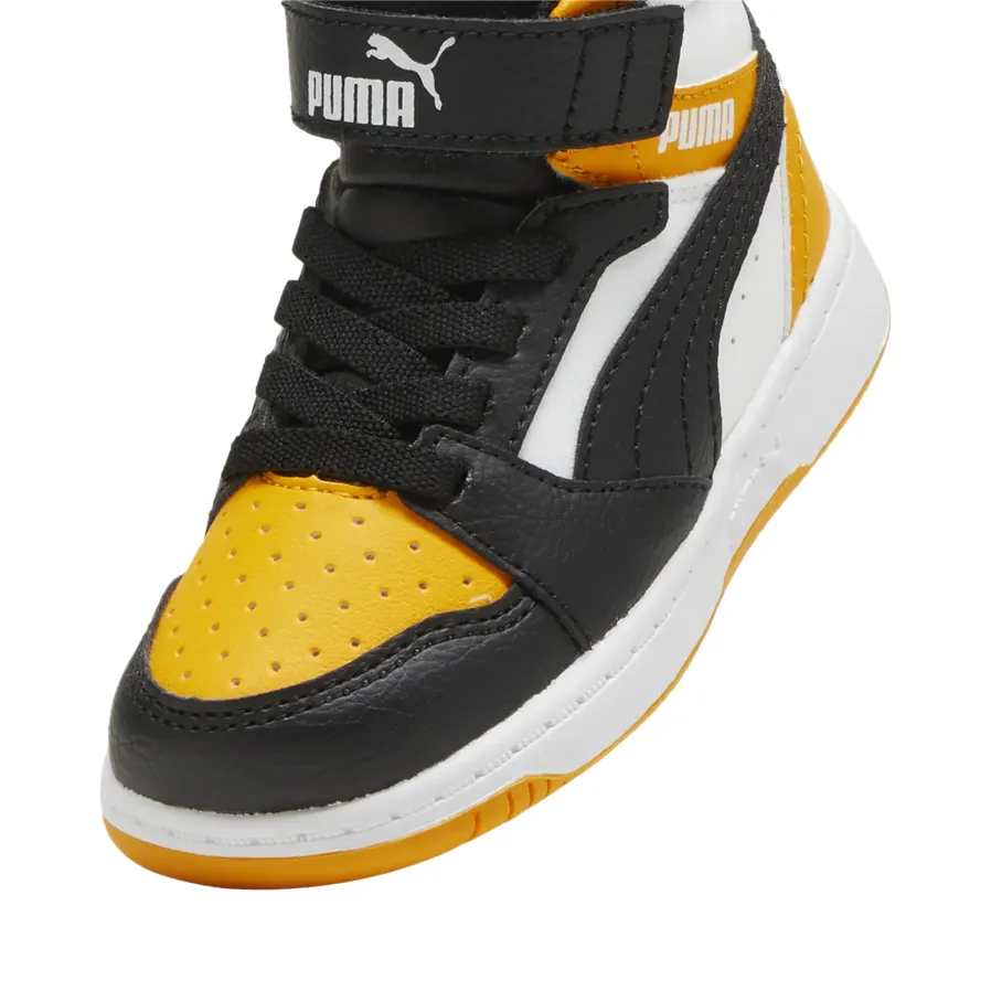 Sneakers 10.5 Wide Puma scarpa alta da ragazzi con laccio e strappo Rebound V6 393832-19 bianco-nero-mandarino