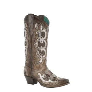 Corral Ladies Brown & Grey Overlay Embroidery & Studs Boots E1509 Campus Boots Dupe