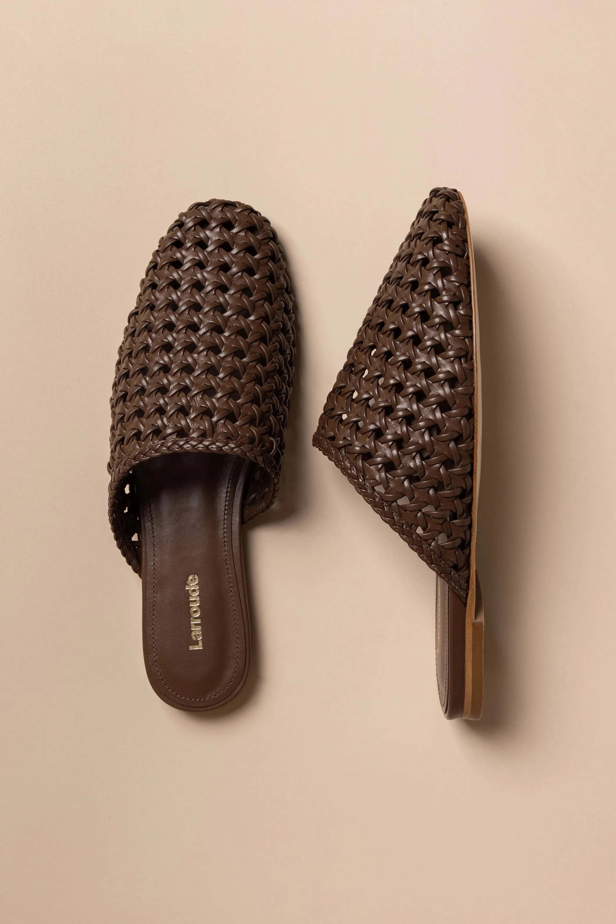 Venice Macrame Flat Mule In Burnt Umber Leather Unusual Flat Shoes