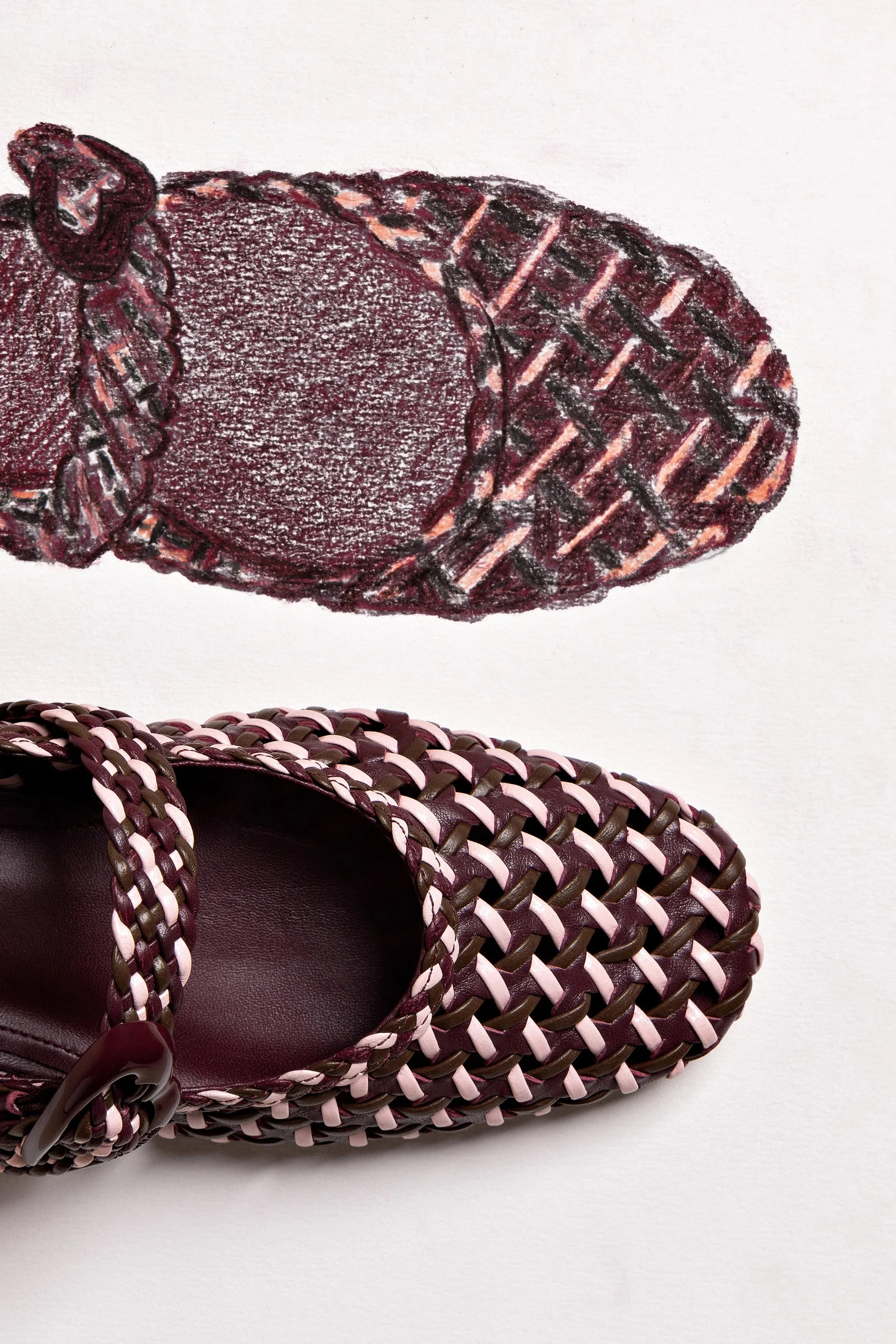 Jeans And Flat Shoes Outfit Verona Macrame Ballet Flat In Wine, Tulip and Burnt Umber Leather