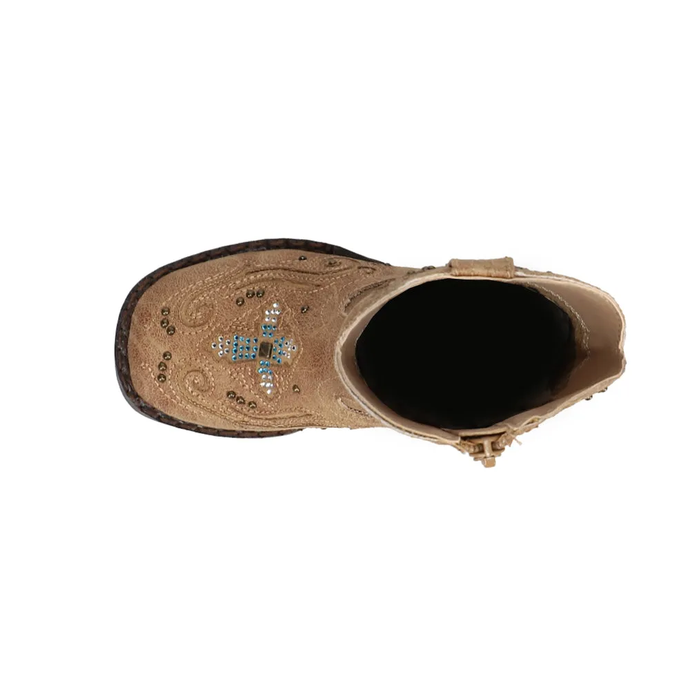 Flat Leather Boots Faith Rhinestone Inlay Square Toe Cowboy Boots (Toddler)