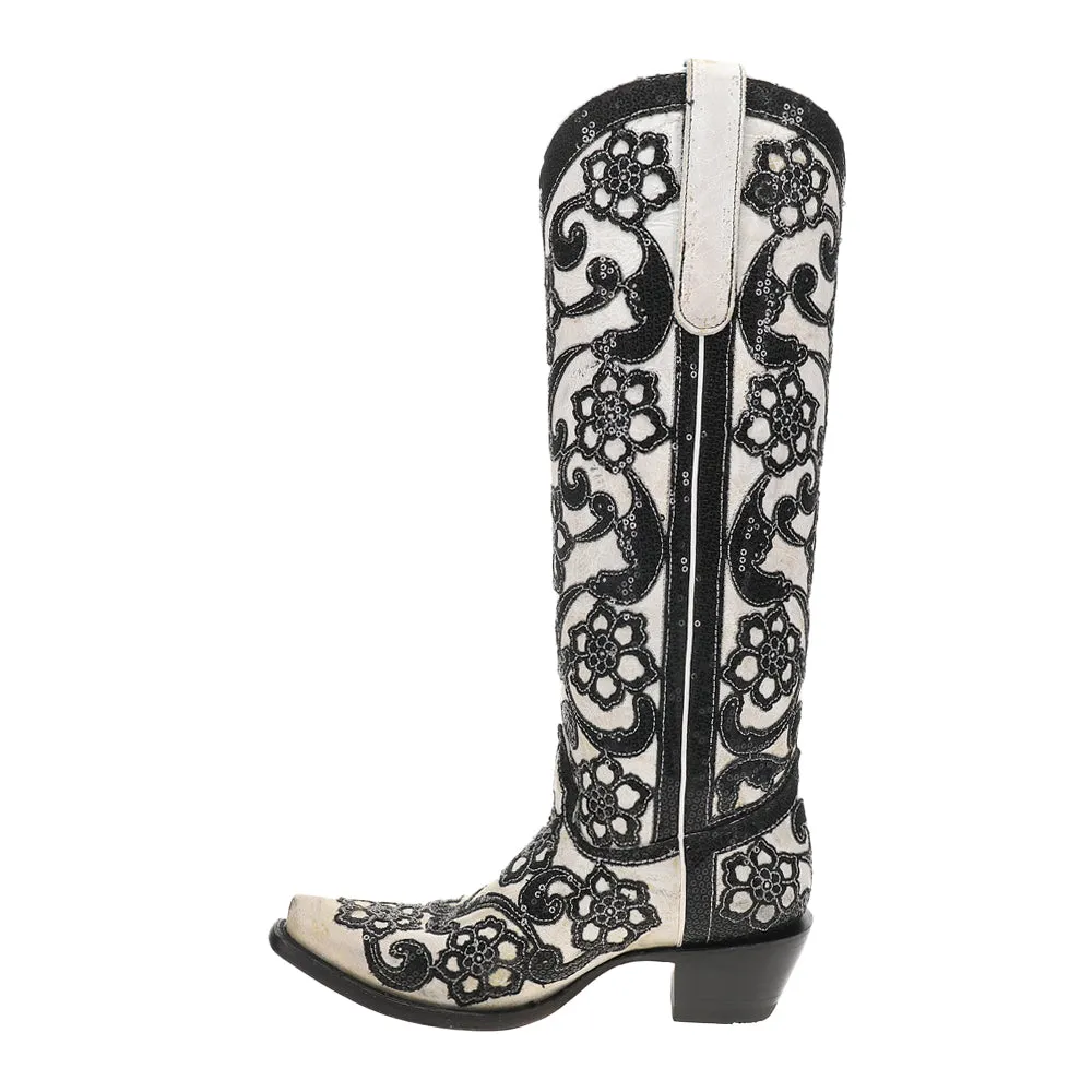 Floral Sequin Overlay Embroidered Tall Snip Toe Cowboy Boots Double D Ranch Boots