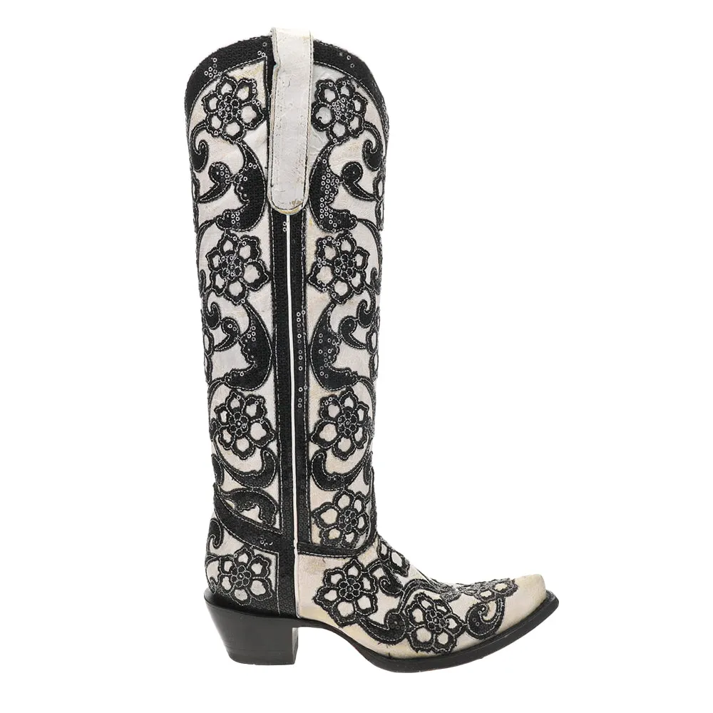 Floral Sequin Overlay Embroidered Tall Snip Toe Cowboy Boots Boots For Men Outfit