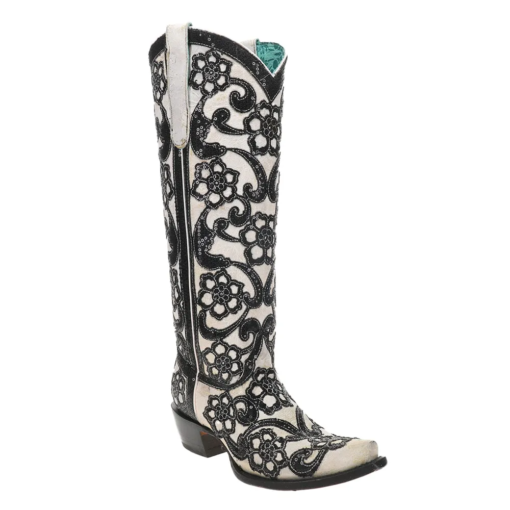 Floral Sequin Overlay Embroidered Tall Snip Toe Cowboy Boots Exotic Cowgirl Boots