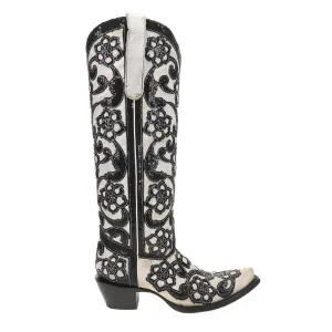 Floral Sequin Overlay Embroidered Tall Snip Toe Cowboy Boots Bates Army Boots
